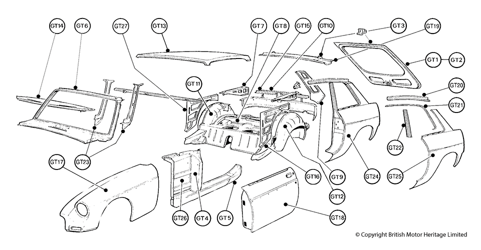 MGB GT Unique Panels Assy - Spare Parts Online - Worldwide Shipping